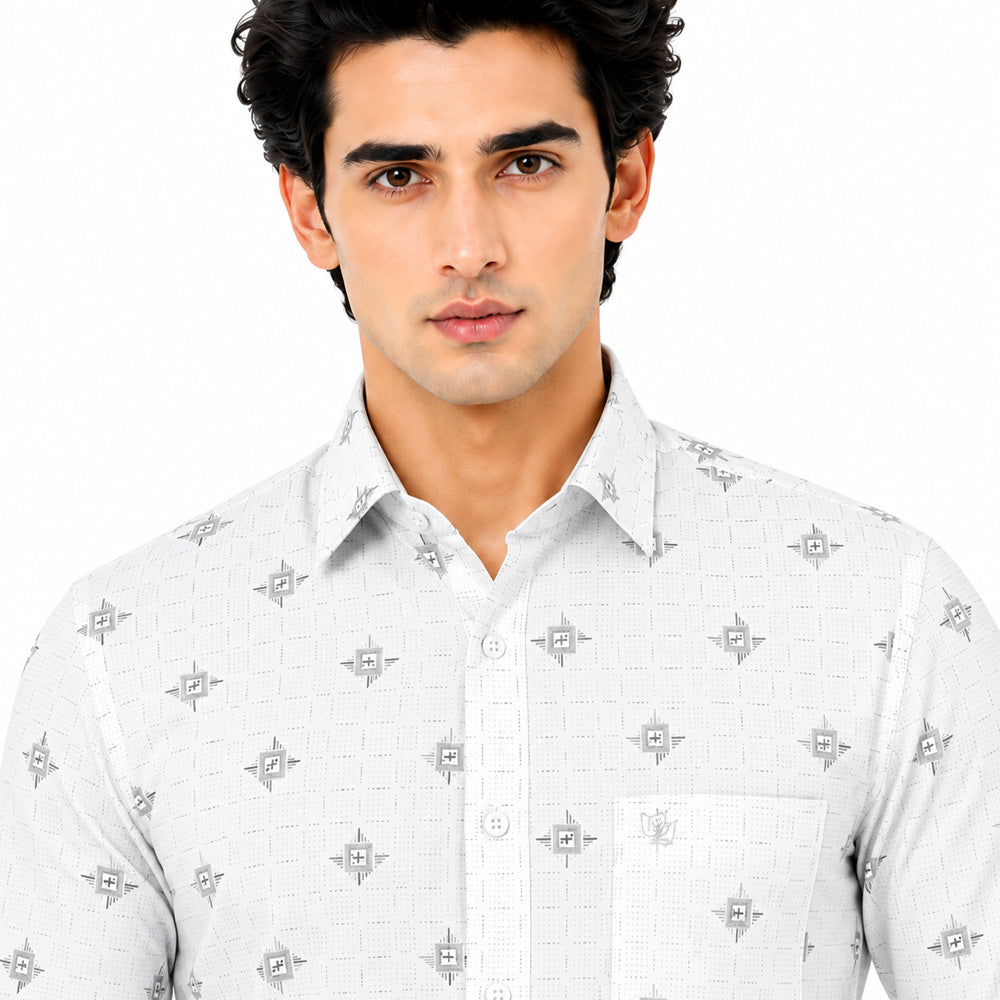 Men's Printed Regular Fit Semi Formal Shirt | Light Grey | Premium | Cotton Enriched | Full Sleeves | Single Chest Pocket