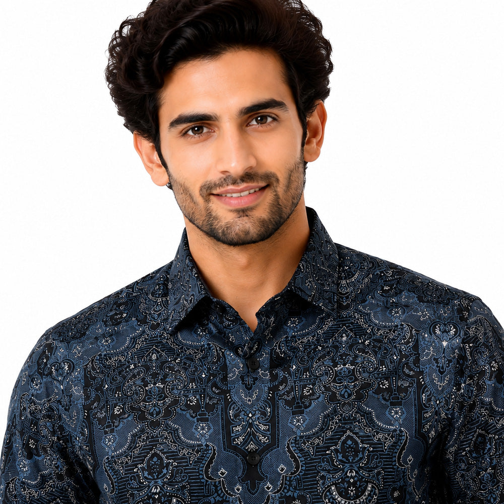 Men's Printed Regular Fit  Semi Formal Shirt | Royal Blue | Premium | 100% Cotton | Full Sleeves | Single Chest Pocket Secondary image