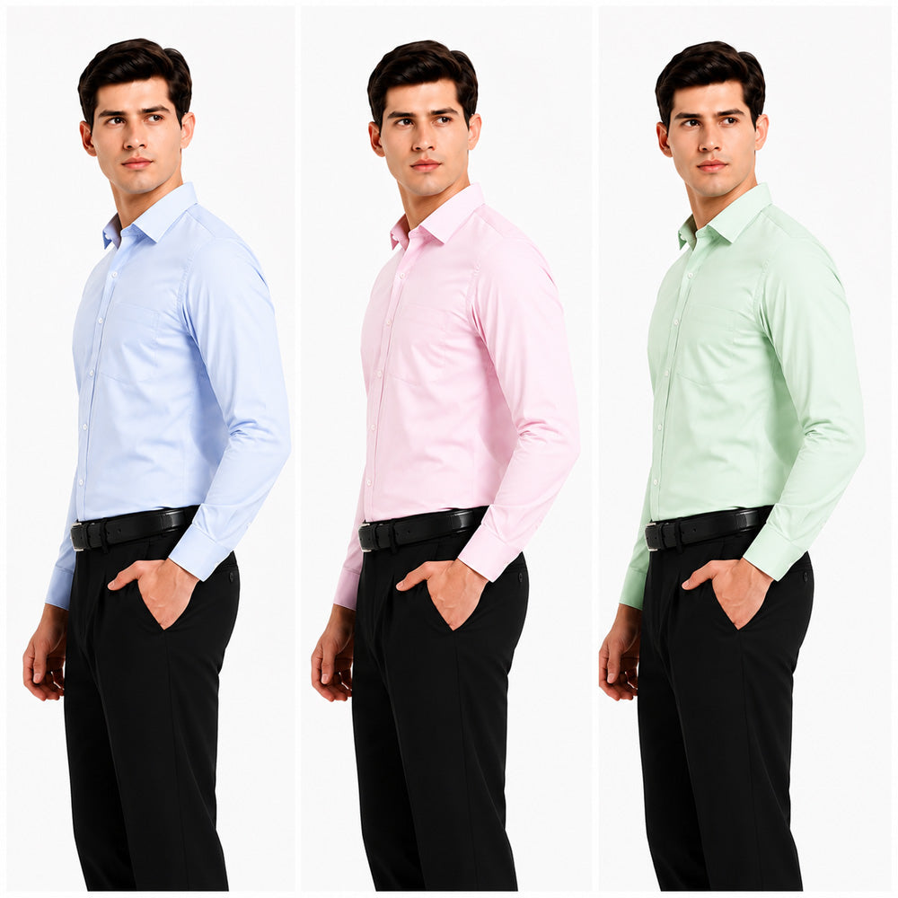Clothizen Men's Solid Formal Shirt pack of 3 | Light Blue | Green | Pink | Premium | Cotton Enriched | Full Sleeves | Comfort Fit | Single Chest Pocket