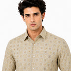 Men's Printed Regular Fit Semi Formal Shirt | Cream | Premium | Cotton Enriched | Full Sleeves | Single Chest Pocket