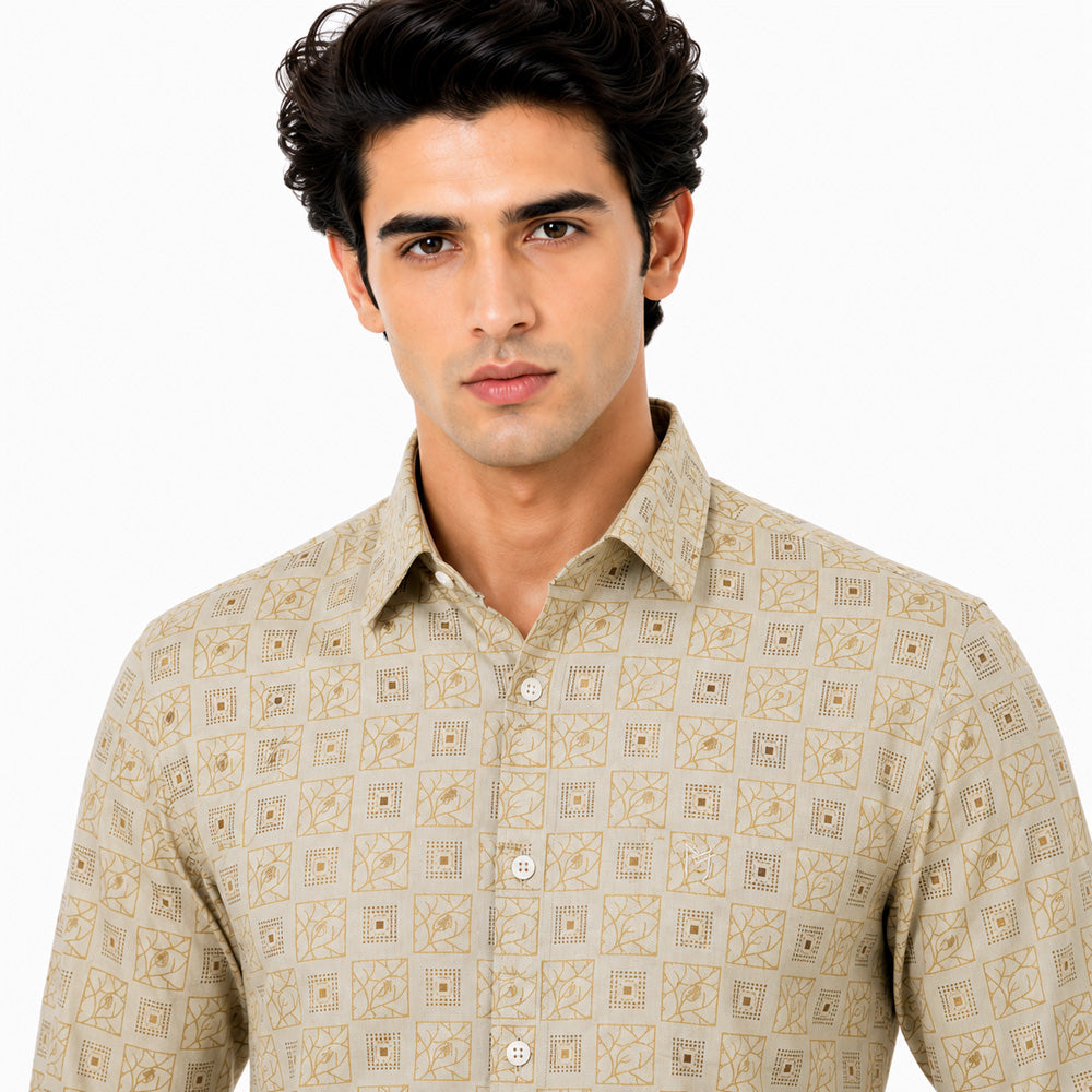 Men's Printed Regular Fit Semi Formal Shirt | Cream | Premium | Cotton Enriched | Full Sleeves | Single Chest Pocket