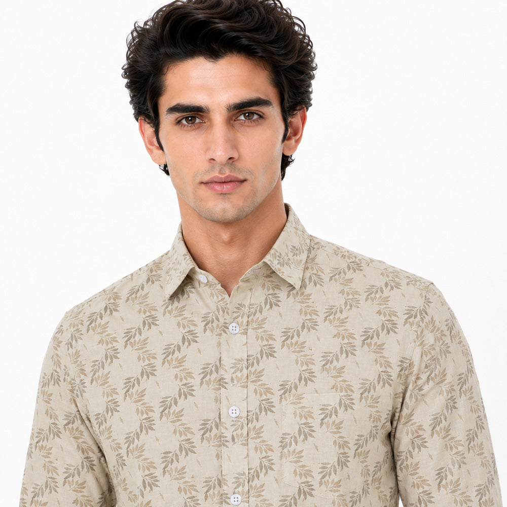 Men's Printed Regular Fit Semi Formal Shirt | Cream | Premium | Cotton Enriched | Full Sleeves | Single Chest Pocket Secondary image