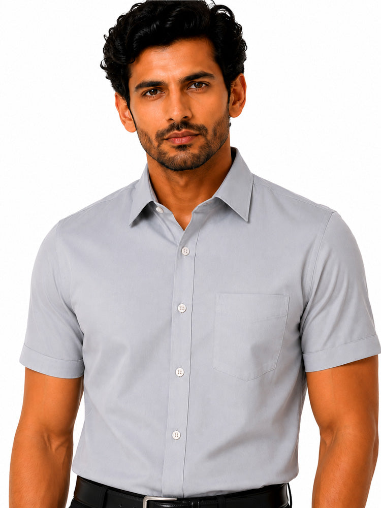 Men's Solid Formal Shirt | Light Grey | Premium | Cotton | Half Sleeves | Single Chest Pocket Secondary image