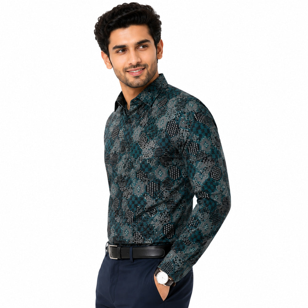 Men's Printed Regular Fit  Semi Formal Shirt | Wine Black | Premium | 100% Cotton | Full Sleeves | Single Chest Pocket