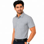 Men's Printed Regular Fit Formal Shirt | Ice Grey with Slate Grey Geometric Print | Premium | Pure Cotton | Half Sleeves | Single Chest Pocket