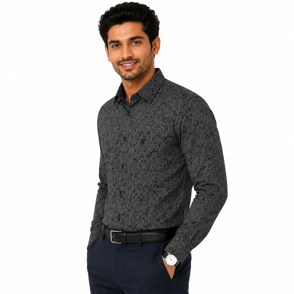 Men's Printed Regular Fit  Semi Formal Shirt | Black | Premium | 100% Cotton | Full Sleeves | Single Chest Pocket