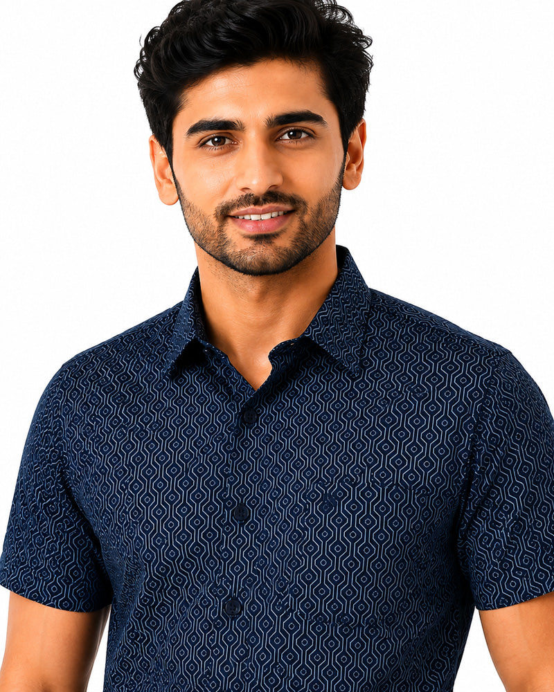 Men's Printed Regular Fit Formal Shirt | Indigo Blue with Grey Geometric Print | Premium | Pure Cotton | Half Sleeves | Single Chest Pocket Secondary image