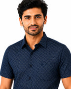 Men's Printed Regular Fit Formal Shirt | Ice Grey with Slate Grey Geometric Print | Premium | Pure Cotton | Half Sleeves | Single Chest Pocket