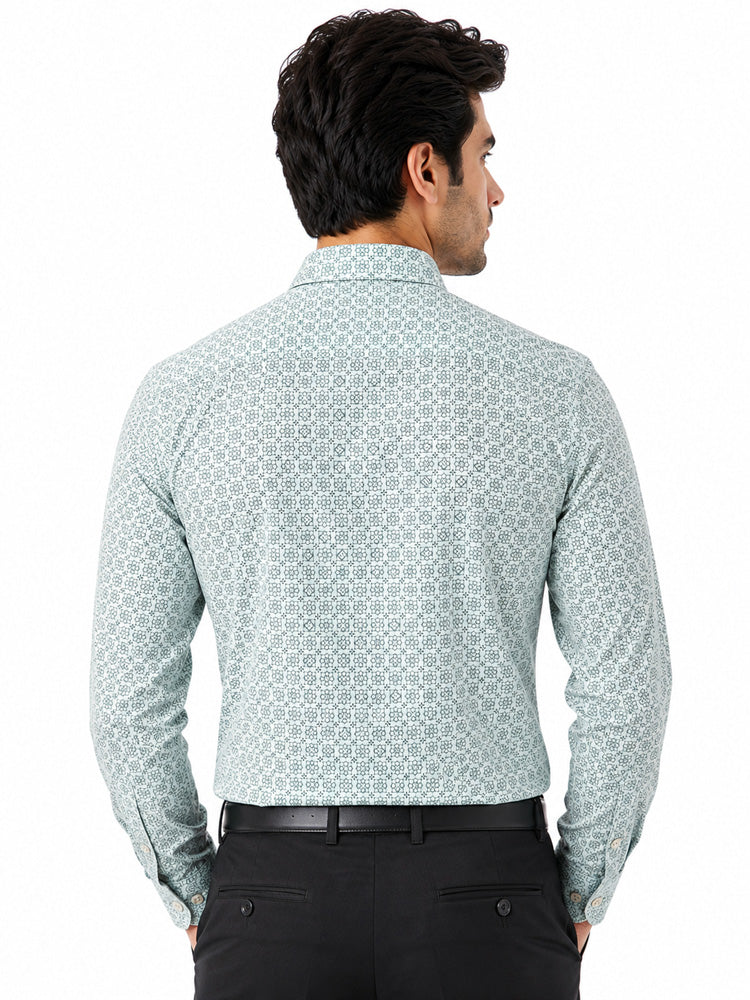 Men's Printed Regular Fit Formal Shirt |Aqua Blue Premium |100% Satin Cotton | Full Sleeves | Single Chest Pocket