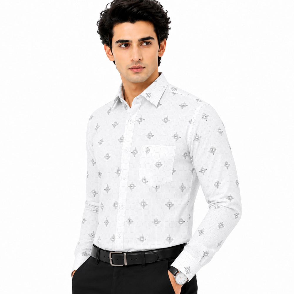 Men's Printed Regular Fit Semi Formal Shirt | Light Grey | Premium | Cotton Enriched | Full Sleeves | Single Chest Pocket