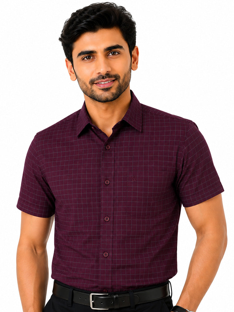 Men's Checkered Regular Fit Formal Shirt | Wine with Grey Checks | Premium | Pure Cotton | Half Sleeves | Single Chest Pocket Secondary image