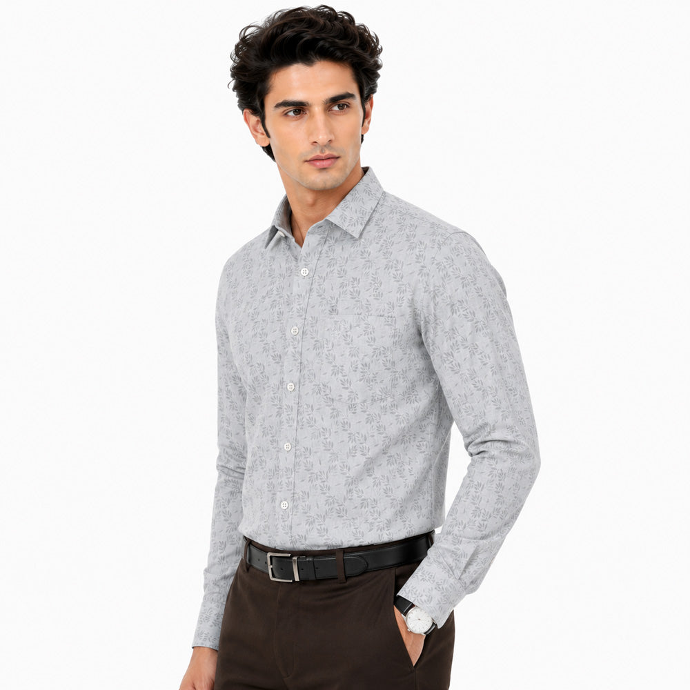 Men's Printed Regular Fit Semi Formal Shirt | Cream | Premium | Cotton Enriched | Full Sleeves | Single Chest Pocket
