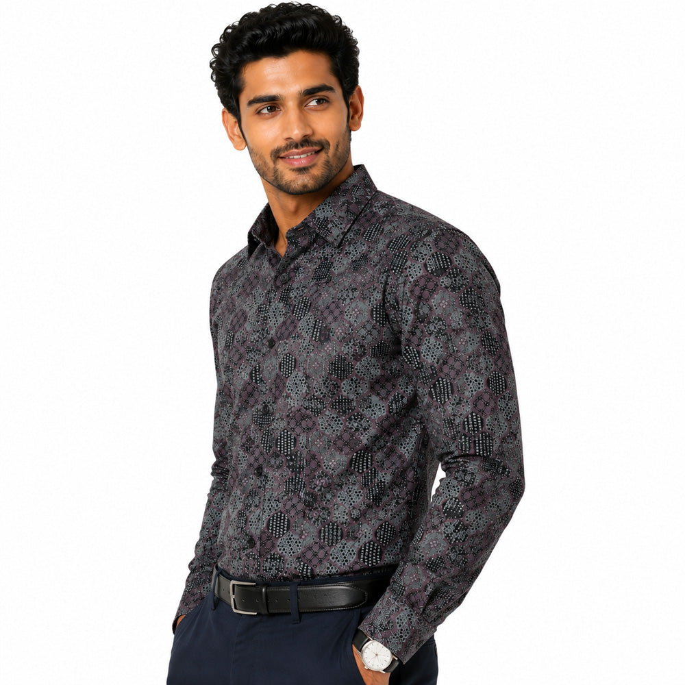 Men's Printed Regular Fit  Semi Formal Shirt | Wine Black | Premium | 100% Cotton | Full Sleeves | Single Chest Pocket