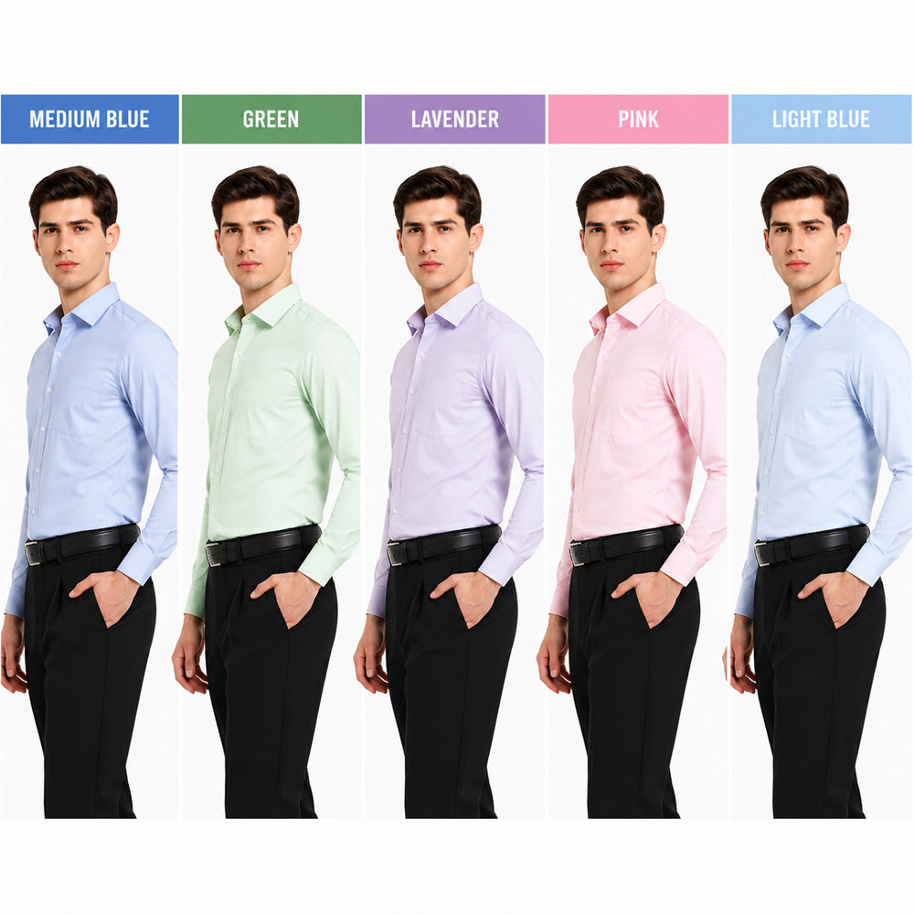 Clothizen Men's Solid Formal Shirt pack of 5 | Medium Blue| Green | Lavender | Pink | Light Blue | Premium | Cotton Enriched | Full Sleeves | Comfort Fit | Single Chest Pocket