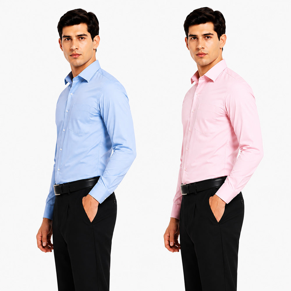 Clothizen Men's Solid Formal Shirt pack of 2 Medium Blue | Pink| Premium | Cotton Enriched | Full Sleeves | Comfort Fit | Single Chest Pocket Secondary image