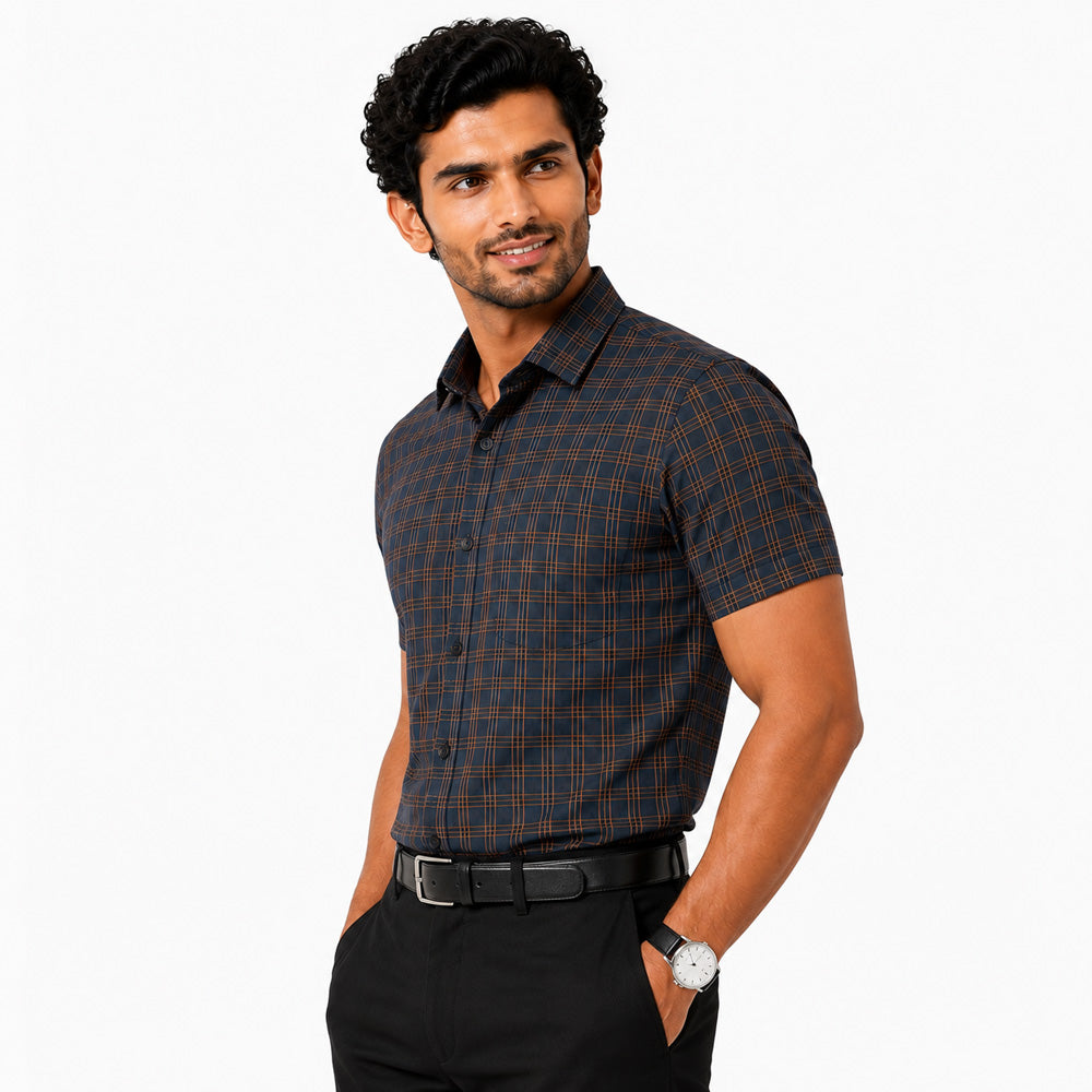 Men's Checkered Regular Fit Formal Shirt | Charcoal Grey with Copper Checks | Premium | Pure Cotton | Half Sleeves | Single Chest Pocket