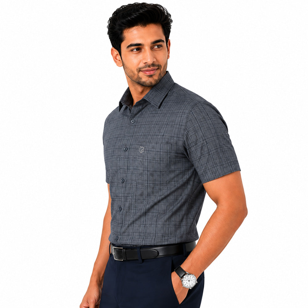 Men's Checkered Regular Fit Formal Shirt | Slate Grey with Self Checks | Premium | Pure Cotton | Half Sleeves | Single Chest Pocket