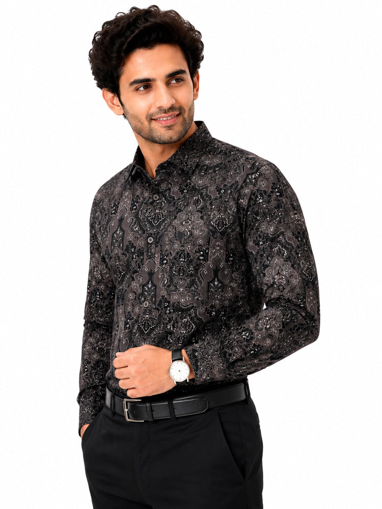 Men's Printed Regular Fit  Semi   Formal Shirt | Coffee Brown | Premium | 100% Cotton | Full Sleeves | Single Chest Pocket