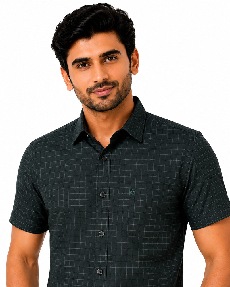 Men's Checkered Regular Fit Formal Shirt | Dark Olive Green with Grey Checks | Premium | Pure Cotton | Half Sleeves | Single Chest Pocket Secondary image