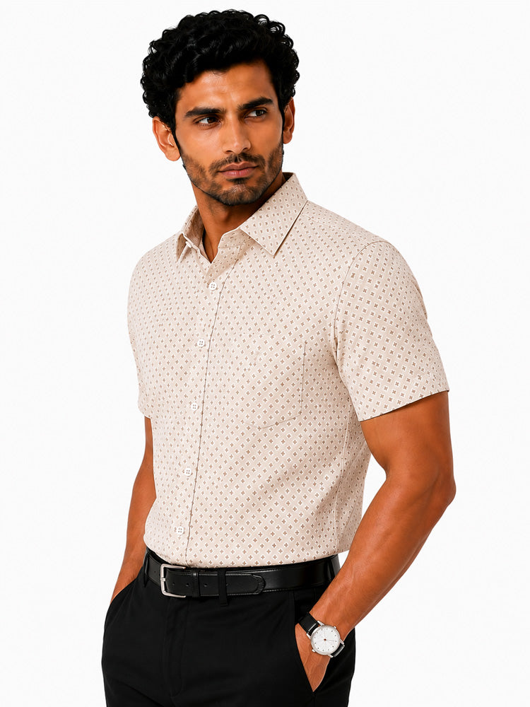 Men's Printed Slim Fit Semi Formal Shirt | Light Beige| Premium | Cotton | Half Sleeves | Single Chest Pocket