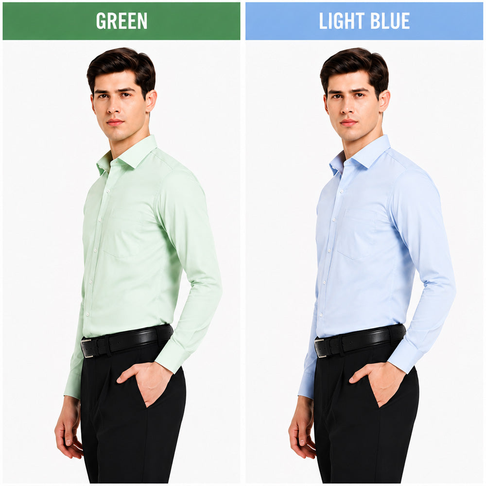 Clothizen Men's Solid Formal Shirt pack of 2 | Green | Light Blue | Premium | Cotton Enriched | Full Sleeves | Comfort Fit | Single Chest Pocket