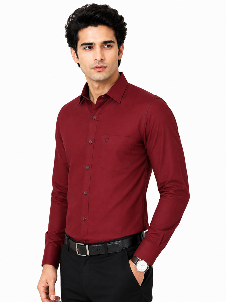 Clothizen Men's Solid Formal Shirt | Deep Maroon | Premium | Cotton Enriched | Full Sleeves | Comfort Fit | Single Chest Pocket