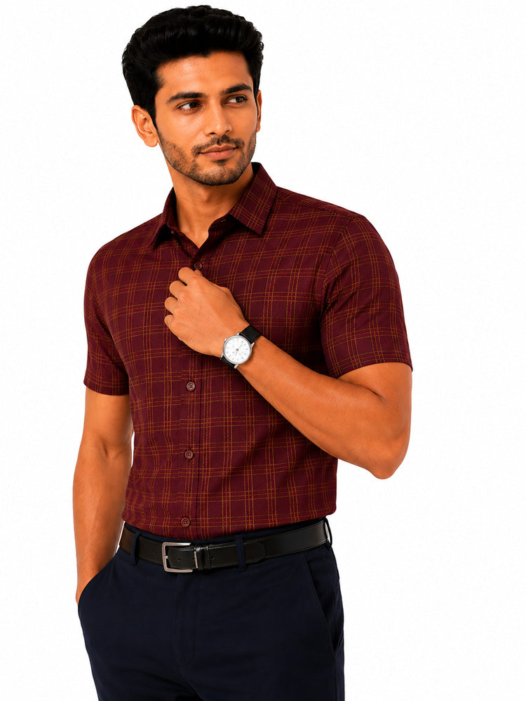 Men's Checkered Regular Fit Formal Shirt | Charcoal Grey with Copper Checks | Premium | Pure Cotton | Half Sleeves | Single Chest Pocket