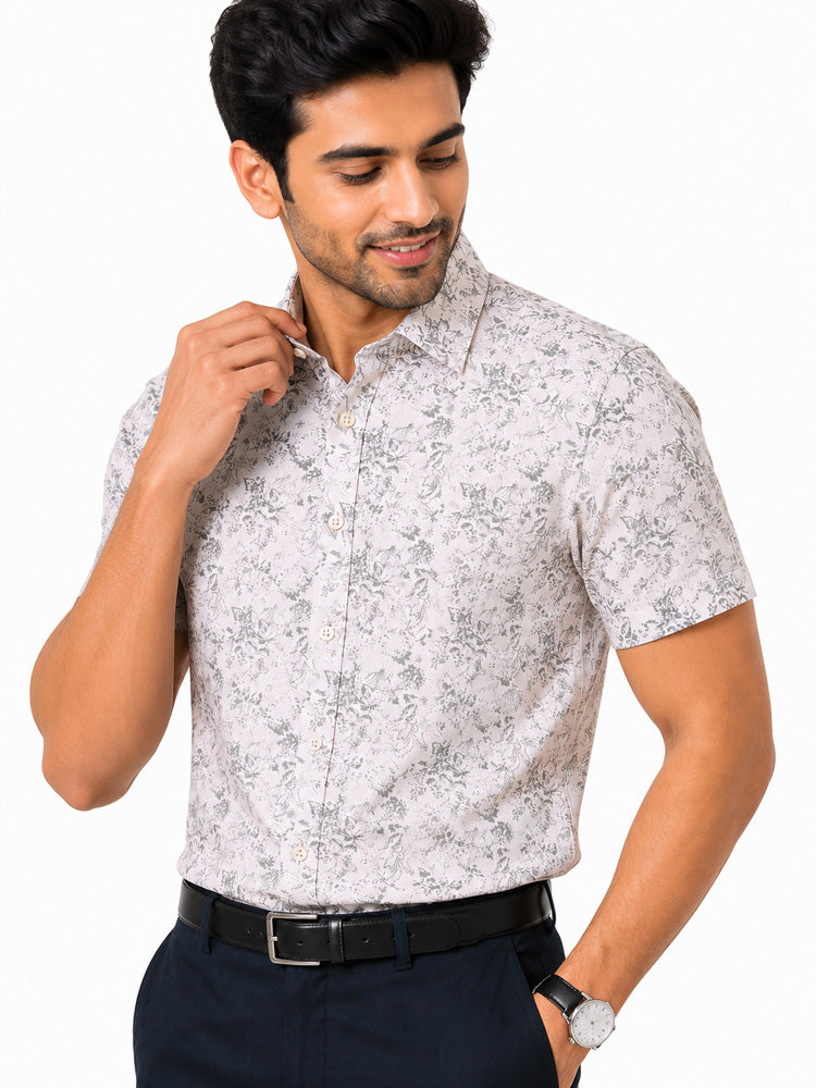 Men's Printed Slim Fit Semi Formal Shirt | Ivory White with Silver Grey Floral Print | Premium | 100% Cotton | Half Sleeves | Single Chest Pocket