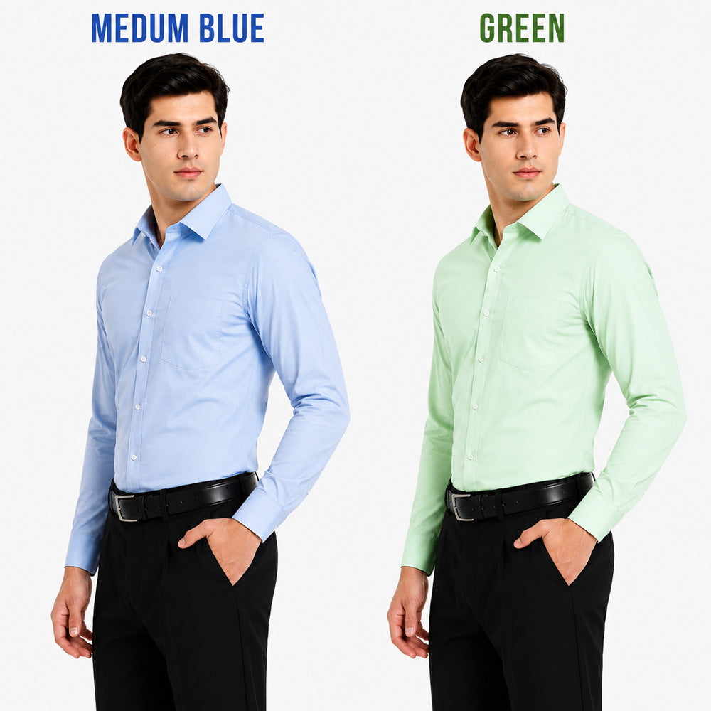 Clothizen Men's Solid Formal Shirt pack of 2 Medium Blue | Green| Premium | Cotton Enriched | Full Sleeves | Comfort Fit | Single Chest Pocket