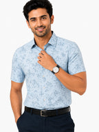 Men's Printed Slim Fit Semi Formal Shirt | Ivory White with Silver Grey Floral Print | Premium | 100% Cotton | Half Sleeves | Single Chest Pocket