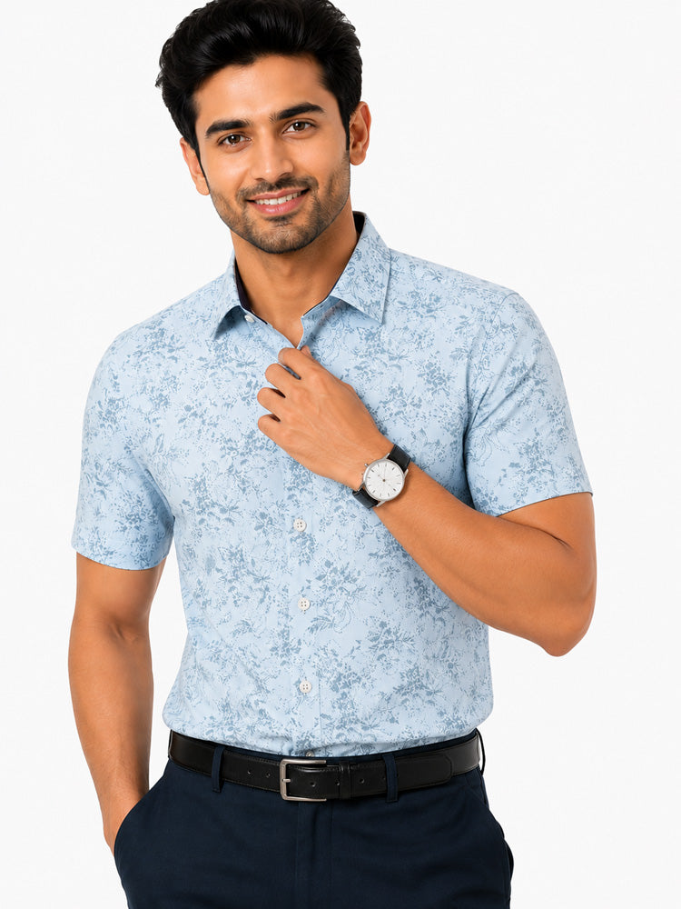 Men's Printed Slim Fit Semi Formal Shirt | Ivory White with Silver Grey Floral Print | Premium | 100% Cotton | Half Sleeves | Single Chest Pocket