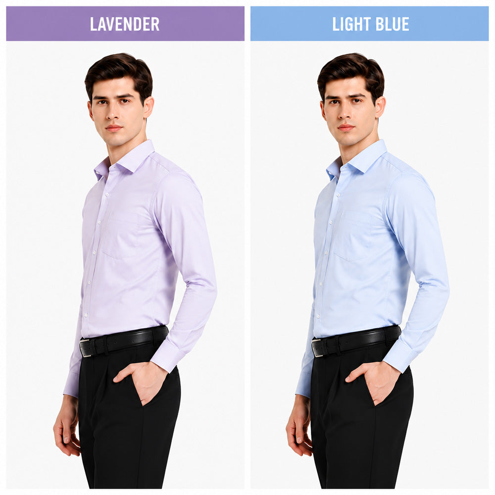 Clothizen Men's Solid Formal Shirt pack of 2 Light Blue | Lavender | Premium | Cotton Enriched | Full Sleeves | Comfort Fit | Single Chest Pocket