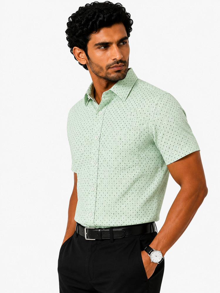 Men's Printed Slim Fit Semi Formal Shirt | Light Beige| Premium | Cotton | Half Sleeves | Single Chest Pocket