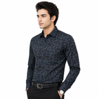 Men's Printed Regular Fit  Semi   Formal Shirt | Royal Blue Black | Premium | 100% Cotton | Full Sleeves | Single Chest Pocket