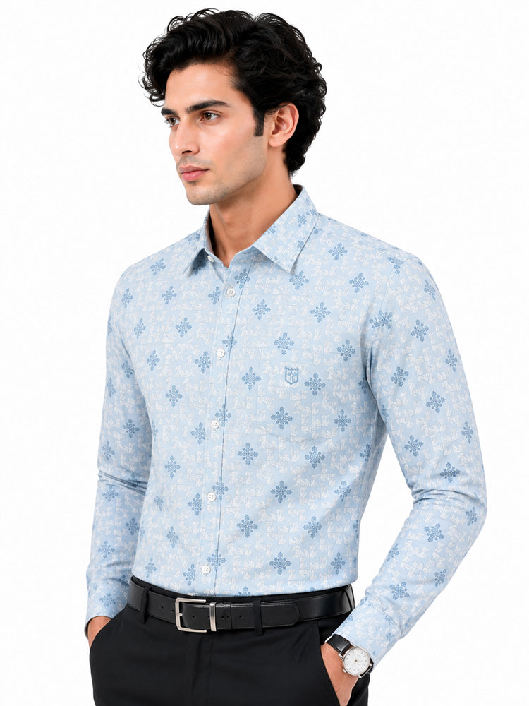 Men's Printed Regular Fit  Semi   Formal Shirt | Sky Blue | Premium | 100% Cotton | Full Sleeves | Single Chest Pocket