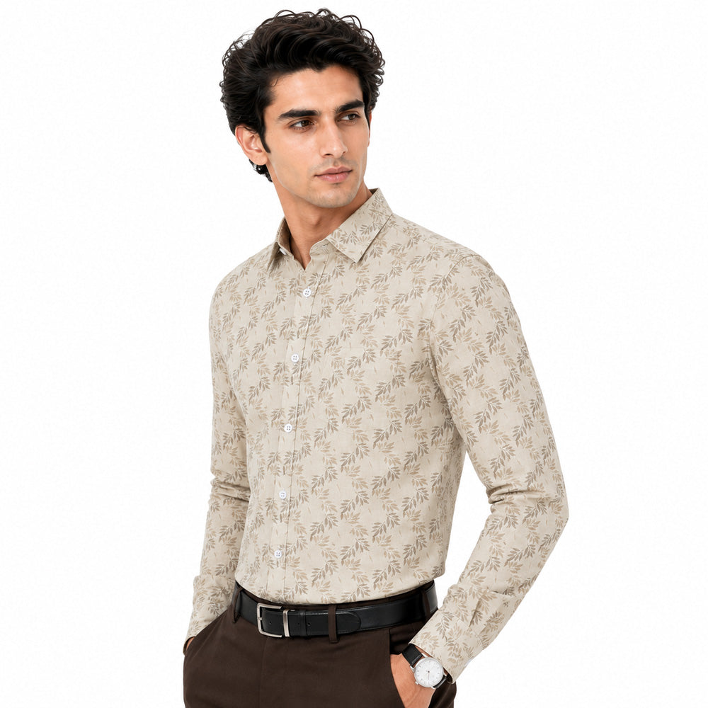 Men's Printed Regular Fit Semi Formal Shirt | Cream | Premium | Cotton Enriched | Full Sleeves | Single Chest Pocket
