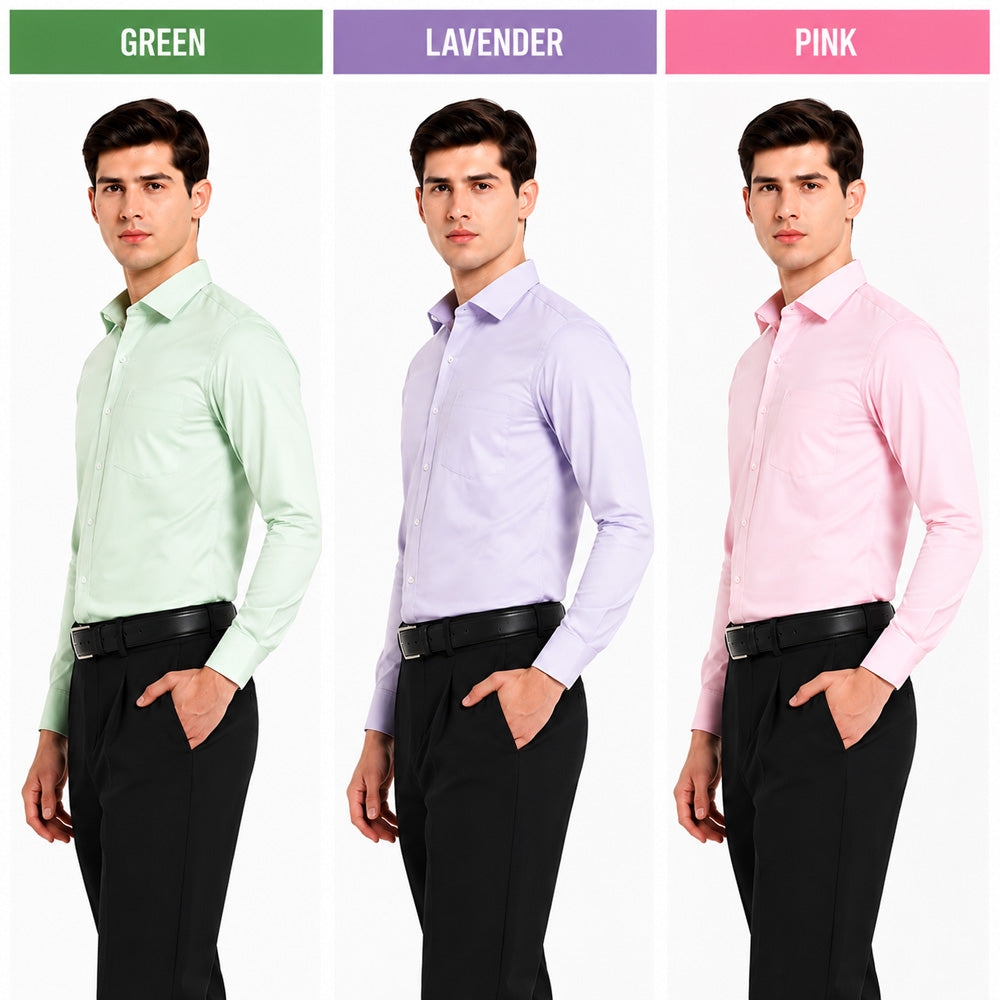Clothizen Men's Solid Formal Shirt pack of 3 | Green | Lavender | Pink | Premium | Cotton Enriched | Full Sleeves | Comfort Fit | Single Chest Pocket