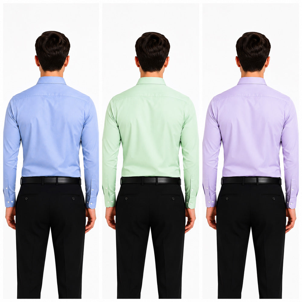 Clothizen Men's Solid Formal Shirt pack of 3 | Green | Lavender | Medium Blue | Premium | Cotton Enriched | Full Sleeves | Comfort Fit | Single Chest Pocket