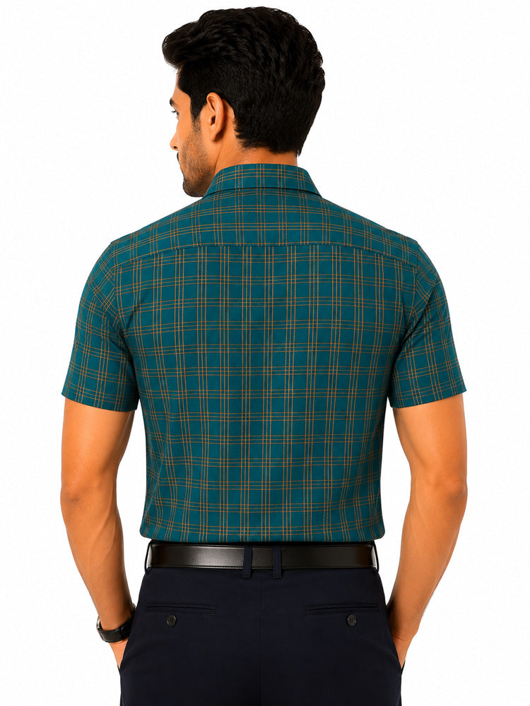 Men's Checkered Regular Fit Formal Shirt | Charcoal Grey with Copper Checks | Premium | Pure Cotton | Half Sleeves | Single Chest Pocket