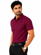 Men's Checkered Regular Fit Formal Shirt | Crimson Red with Self Checks | Premium | Pure Cotton | Half Sleeves | Single Chest Pocket