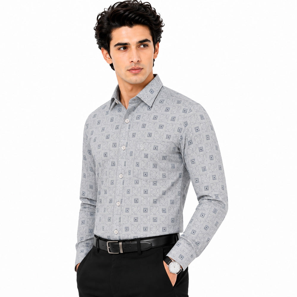Men's Printed Regular Fit Semi Formal Shirt | Light Grey | Premium | Cotton Enriched | Full Sleeves | Single Chest Pocket Secondary image