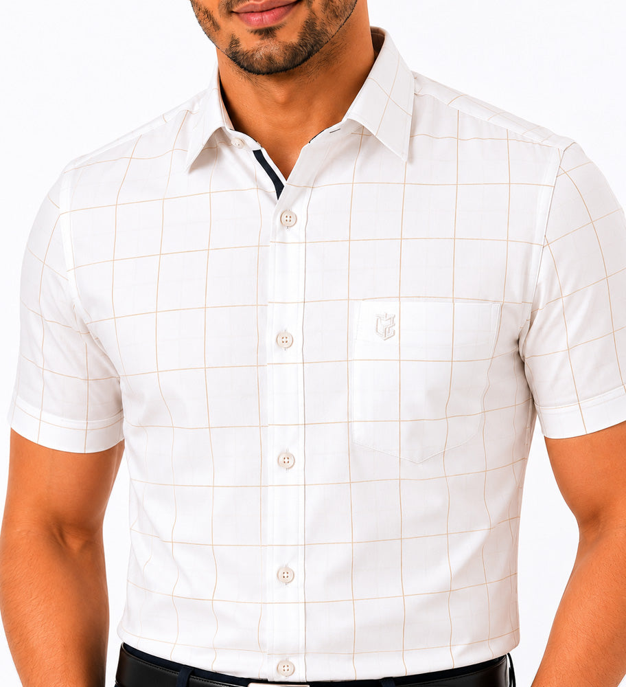 Men's Checkered Regular Fit Formal Shirt | White with Gold Checks | Premium | Pure Cotton | Half Sleeves | Single Chest Pocket Secondary image