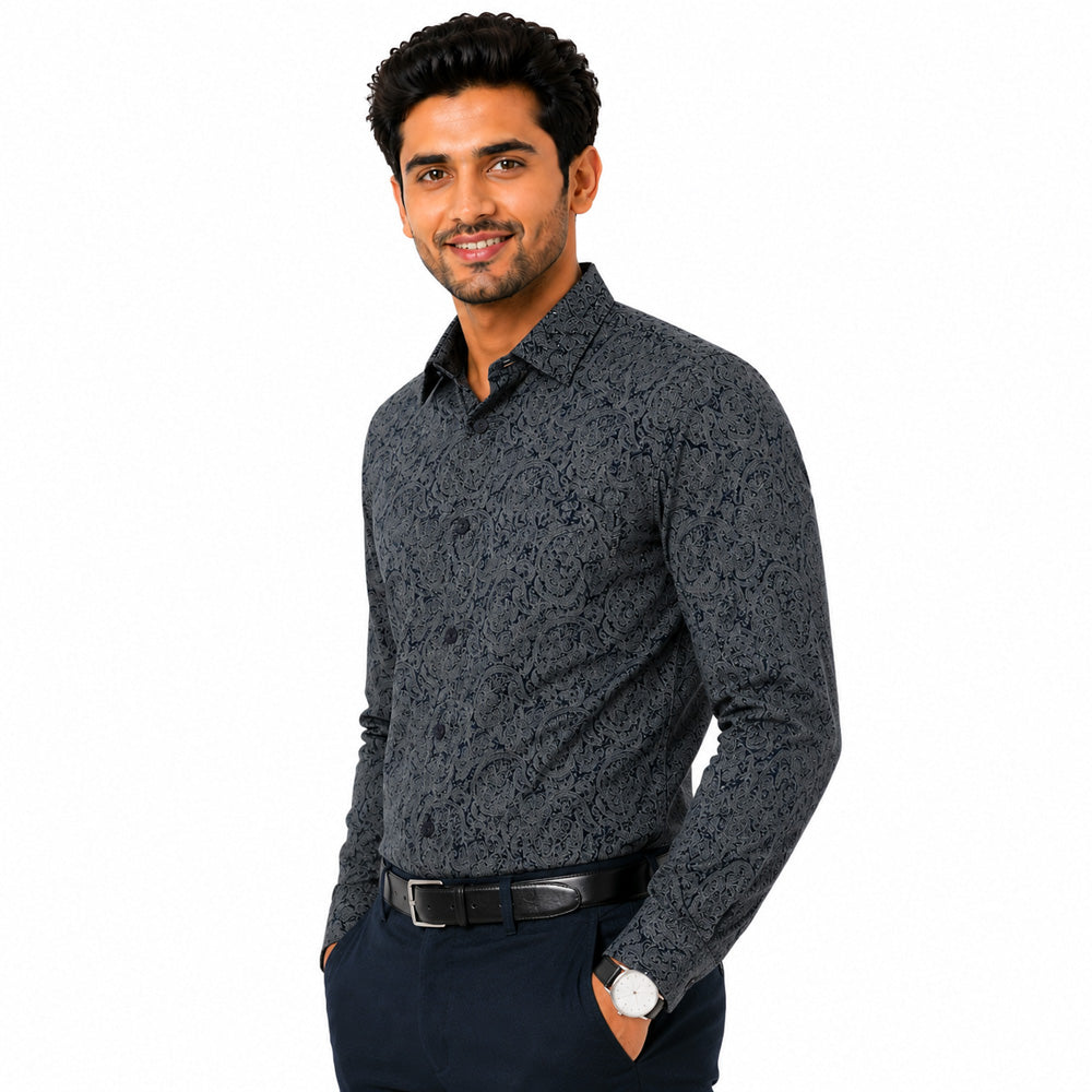 Men's Printed Regular Fit  Semi Formal Shirt | Black | Premium | 100% Cotton | Full Sleeves | Single Chest Pocket