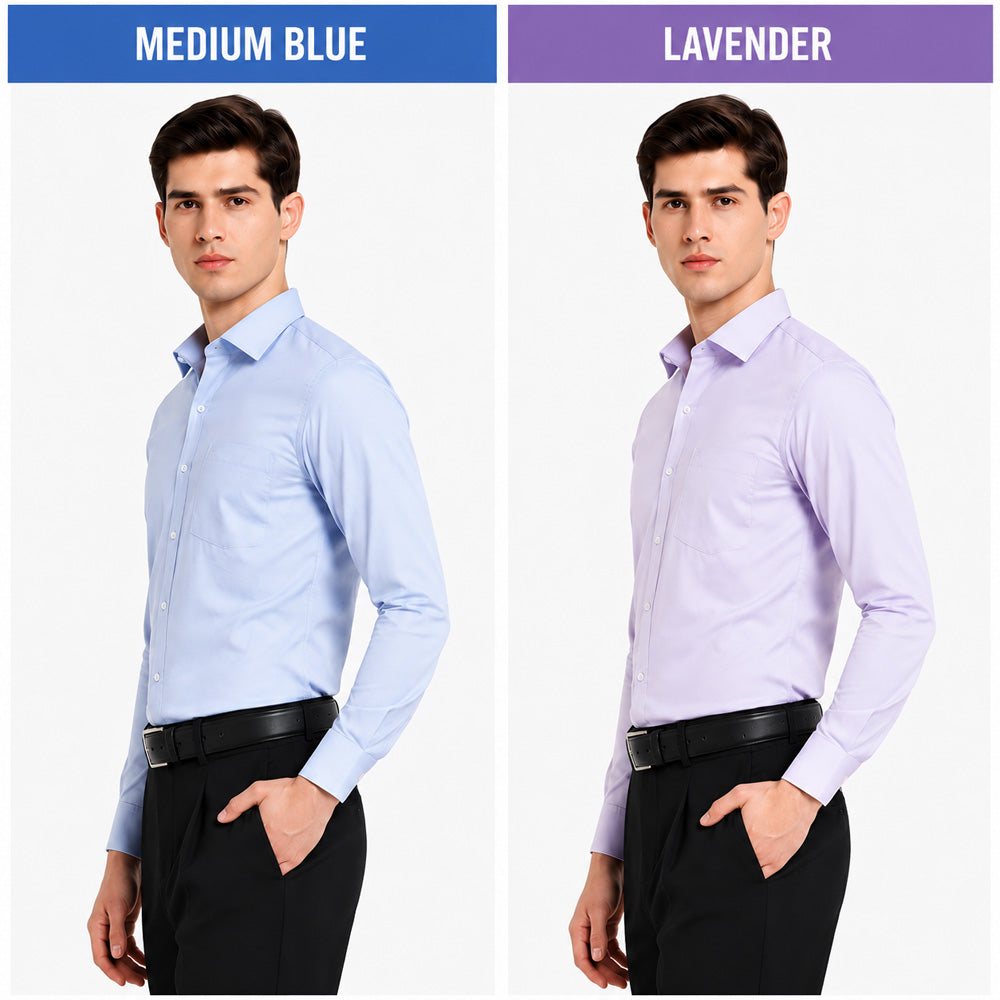 Clothizen Men's Solid Formal Shirt pack of 2 Medium Blue | Lavender | Premium | Cotton Enriched | Full Sleeves | Comfort Fit | Single Chest Pocket