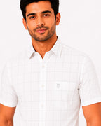 Men's Checkered Regular Fit Formal Shirt | White with Black Checks | Premium | Pure Cotton | Half Sleeves | Single Chest Pocket