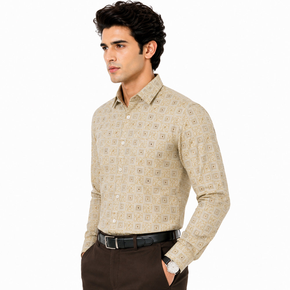Men's Printed Regular Fit Semi Formal Shirt | Cream | Premium | Cotton Enriched | Full Sleeves | Single Chest Pocket
