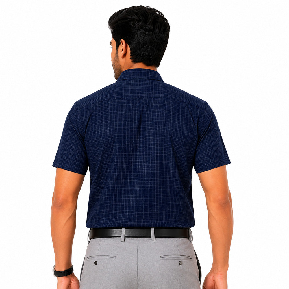 Men's Checkered Regular Fit Formal Shirt | Slate Grey with Self Checks | Premium | Pure Cotton | Half Sleeves | Single Chest Pocket