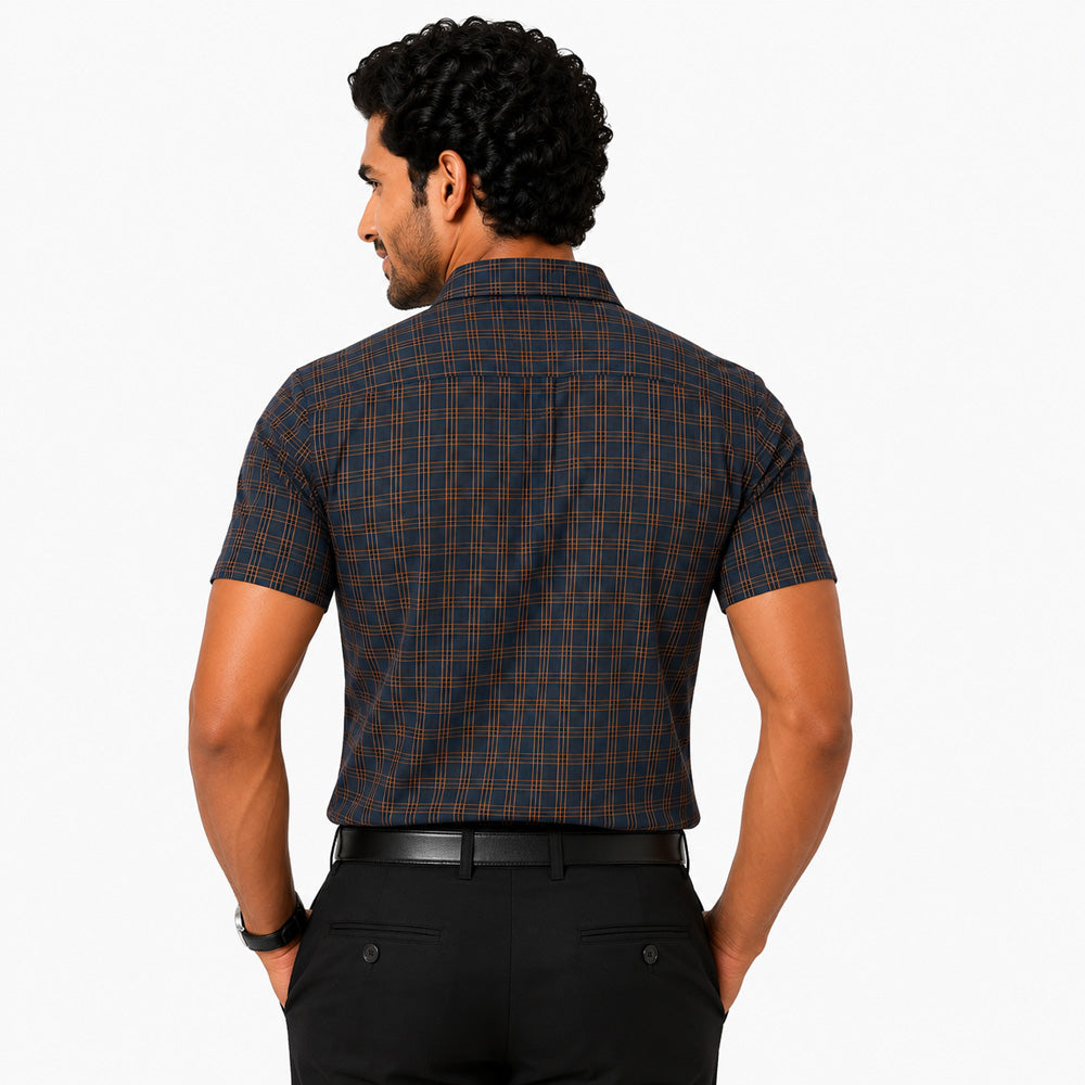 Men's Checkered Regular Fit Formal Shirt | Charcoal Grey with Copper Checks | Premium | Pure Cotton | Half Sleeves | Single Chest Pocket