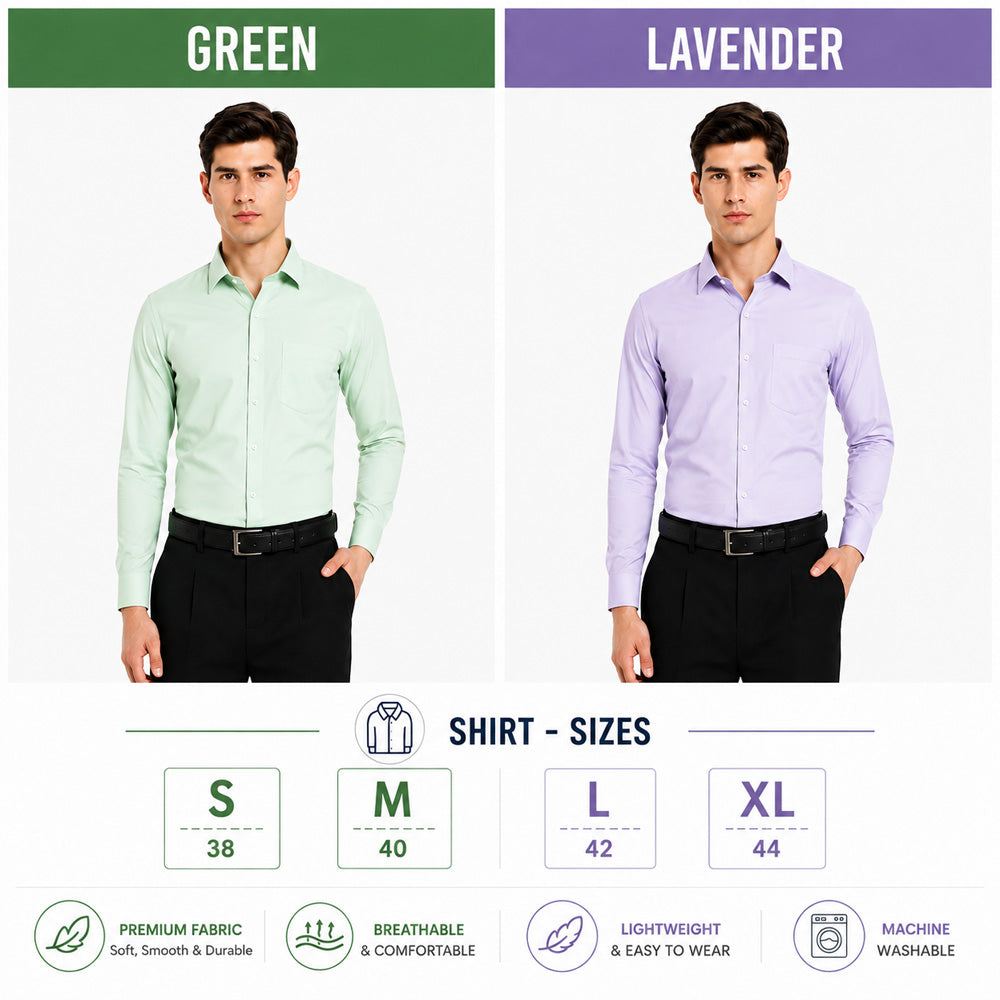 Clothizen Men's Solid Formal Shirt pack of 2 | Green | Lavender | Premium | Cotton Enriched | Full Sleeves | Comfort Fit | Single Chest Pocket