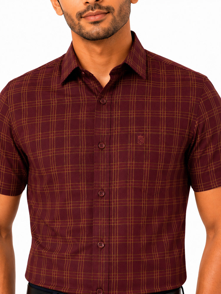 Men's Checkered Regular Fit Formal Shirt | Deep Maroon with Mustard Checks | Premium | Pure Cotton | Half Sleeves | Single Chest Pocket Secondary image